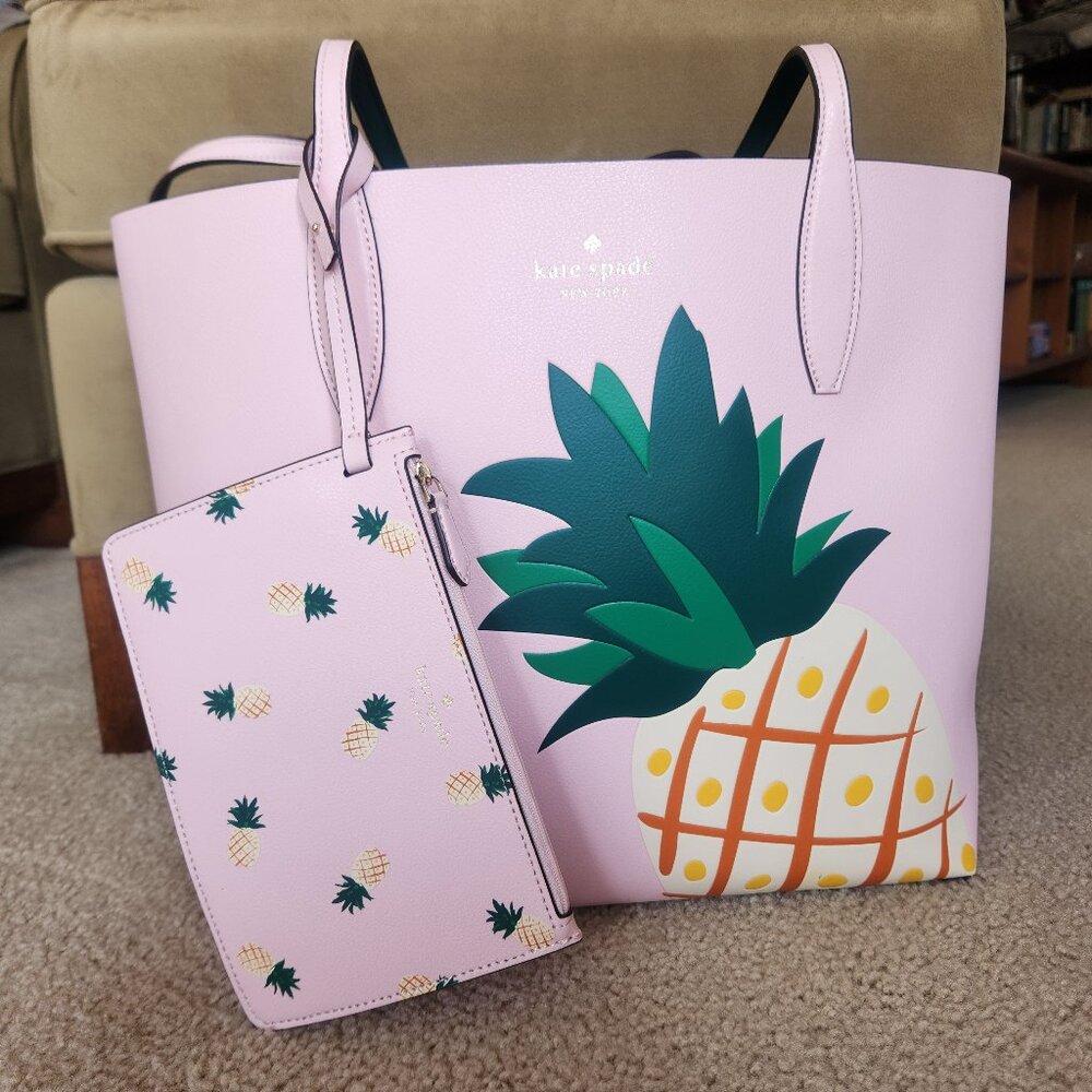 NWT Kate Spade Pineapple Colada Reversible Leather Tote With Matching Wristlet